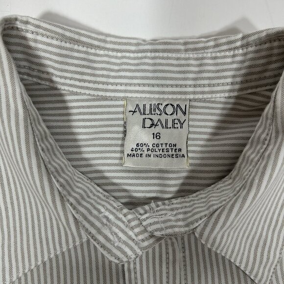 Vtg Allison Daley Women Striped Tan White Button Up Shirt Roll Tab Sleeve Sz 16 - Picture 4 of 5